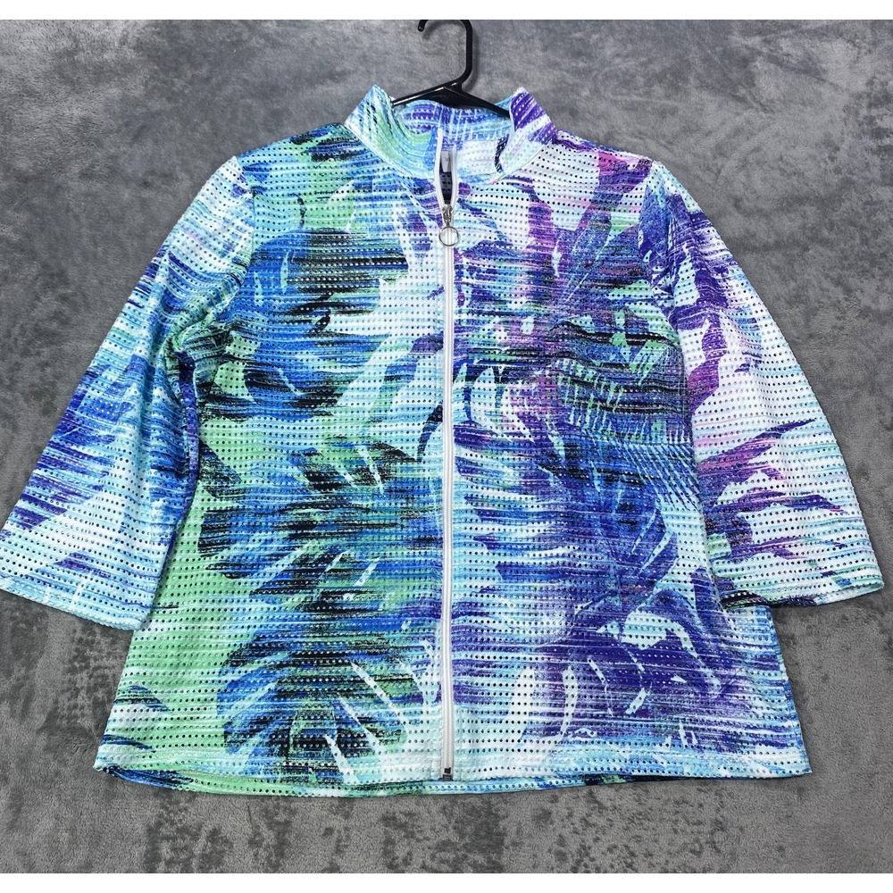 Chico's Weekends Womens Size 2 Multicolor Tropical Mesh 3/4 Sleeve Zip Jacket